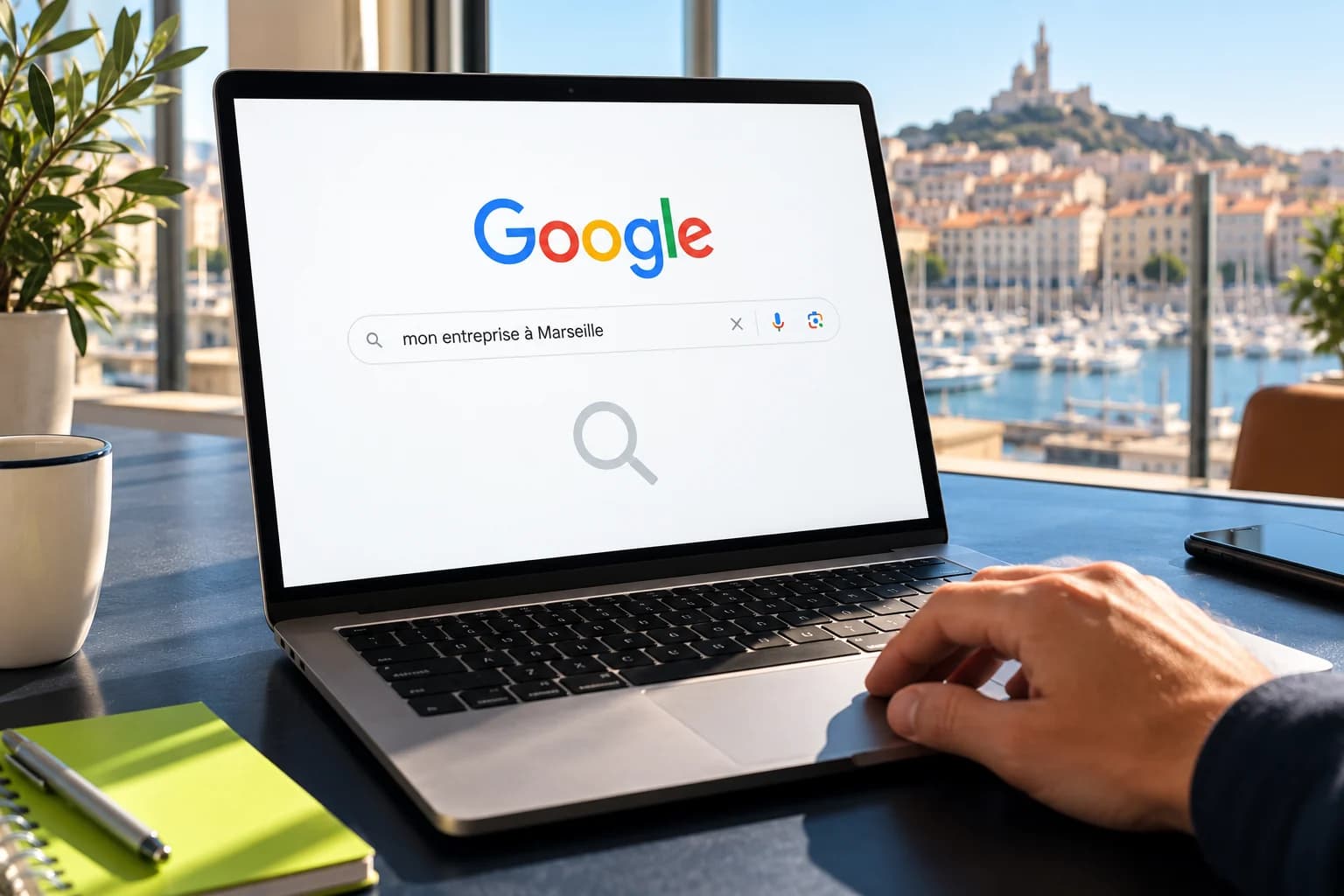 Ordinateur portable affichant la page Google avec la recherche « mon entreprise à Marseille », devant une vue du port de Marseille.