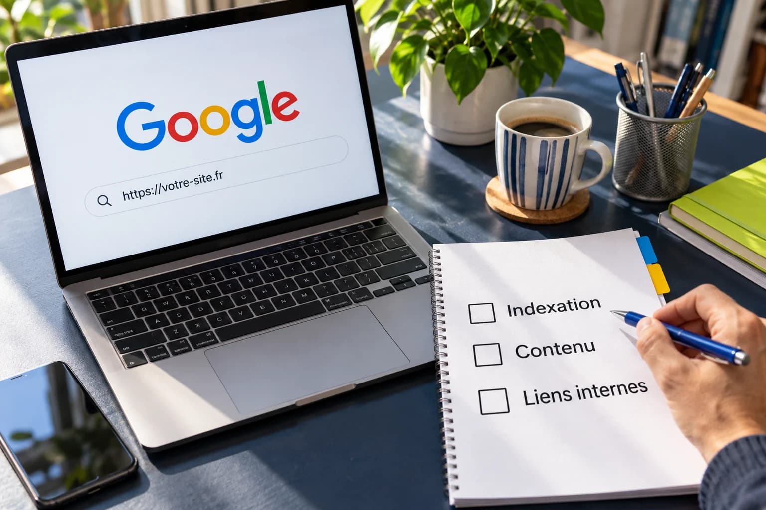 Ordinateur portable ouvert sur Google, à côté d'un carnet dans lequel une main coche une liste : indexation, contenu, liens internes.