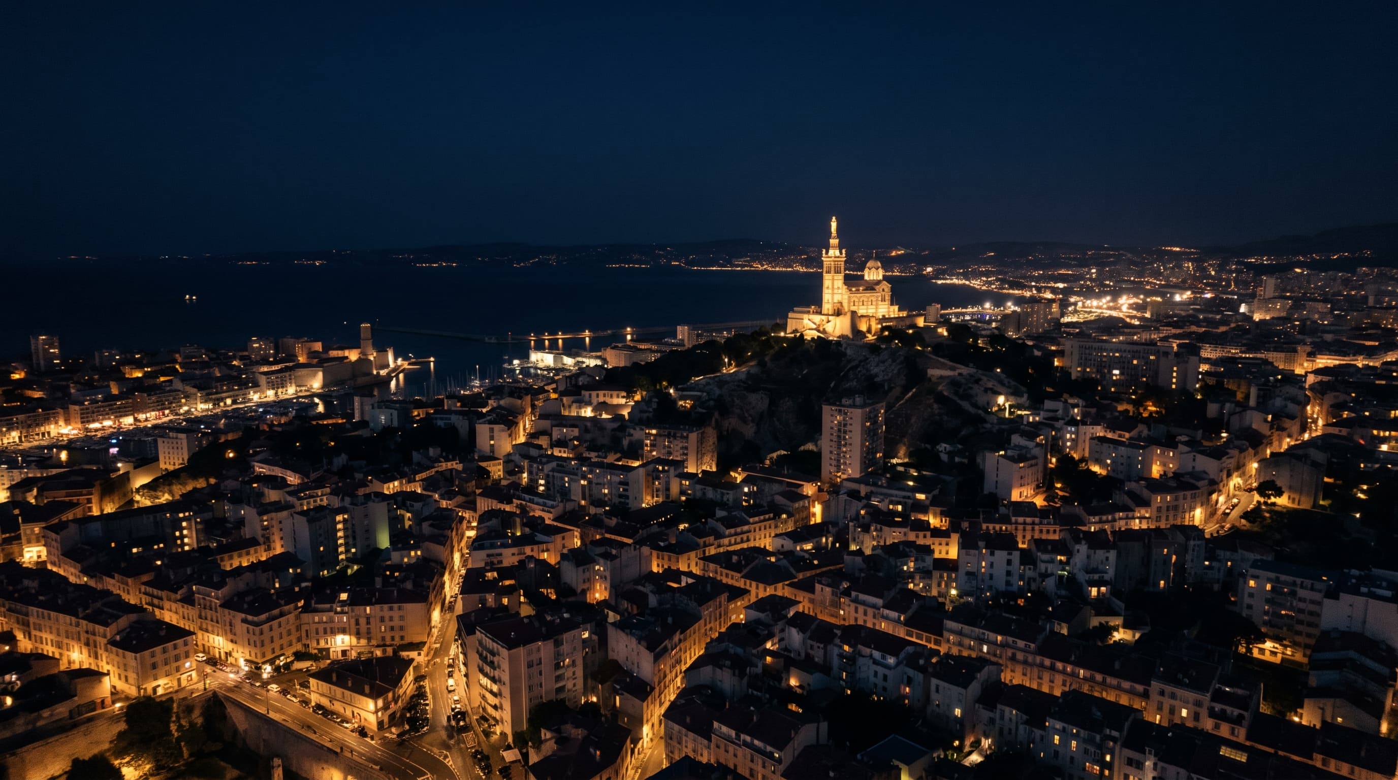 Marseille de nuit — Notre-Dame de la Garde surplombant le port