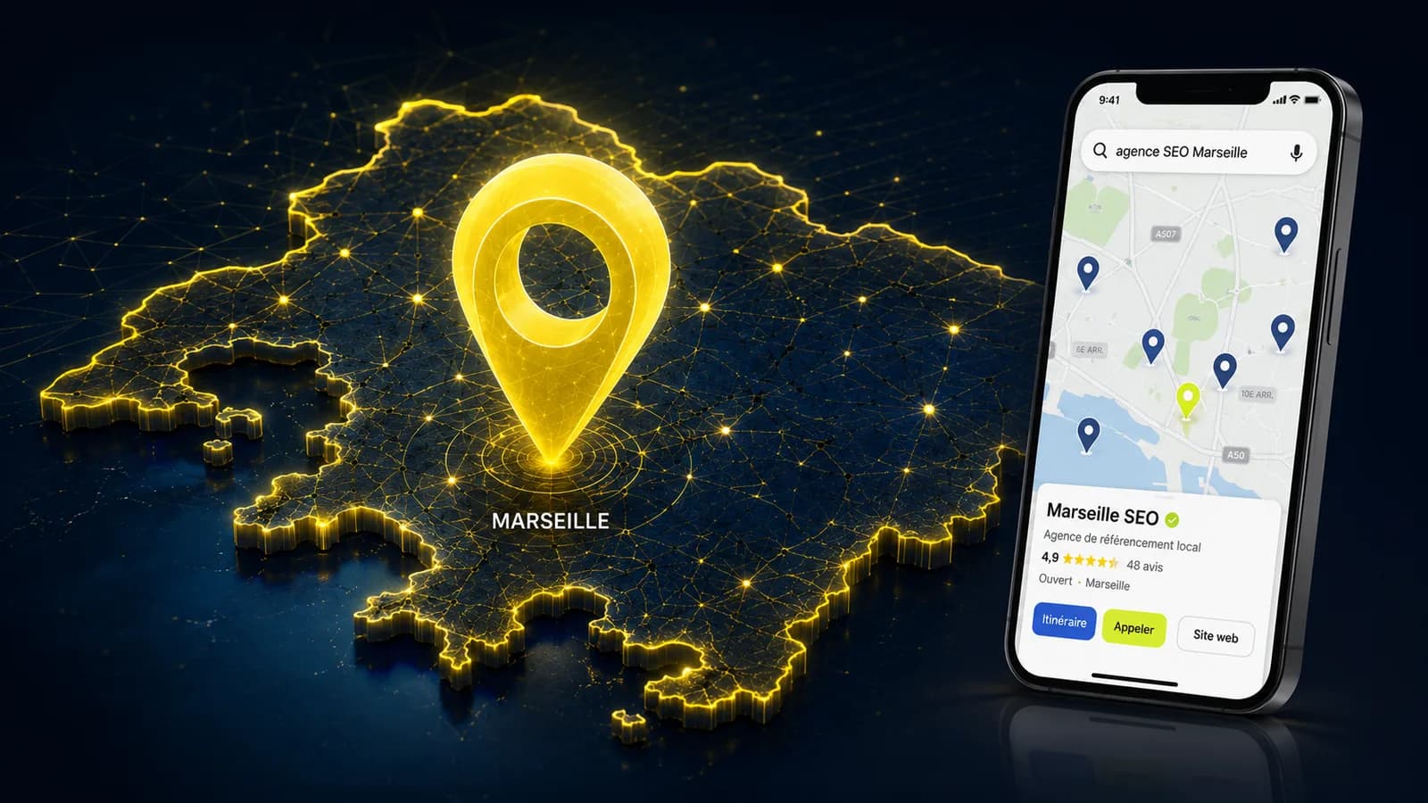 Carte de Marseille illuminée avec repère de géolocalisation et fiche Google Business d’une agence SEO locale sur smartphone