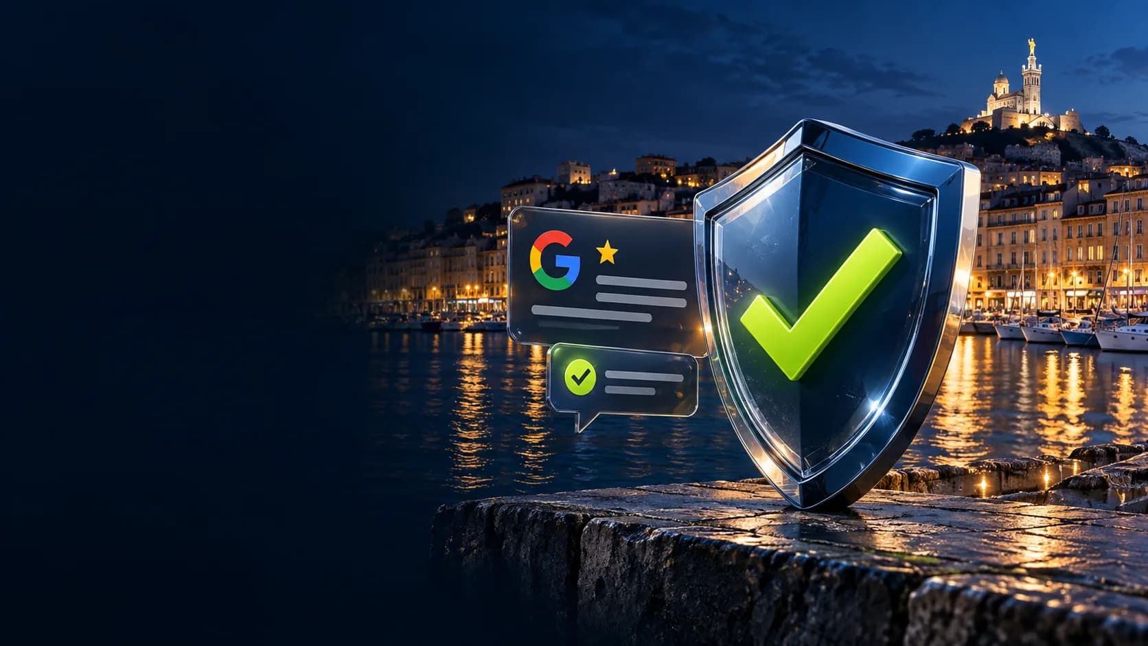 Bouclier orné d’une coche vert citron et carte d’avis Google avec une étoile et une bulle de validation, au-dessus du Vieux-Port de Marseille de nuit