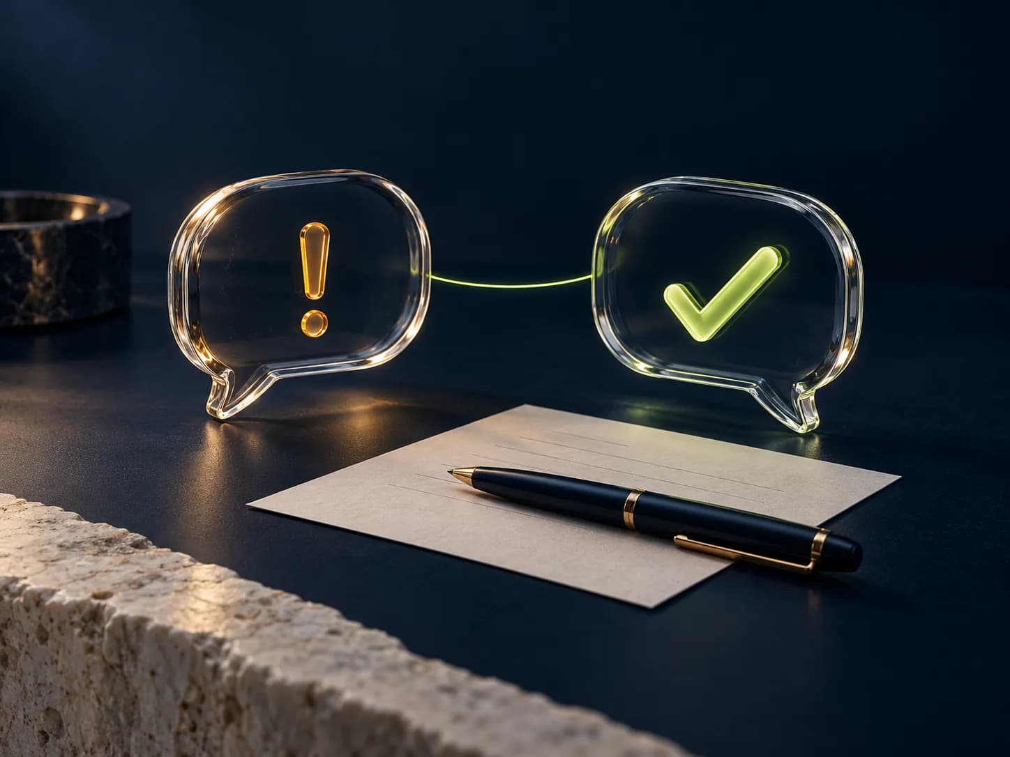 Deux bulles de message en verre, l’une avec un point d’exclamation, l’autre avec une coche verte, posées près d’une enveloppe et d’un stylo plume