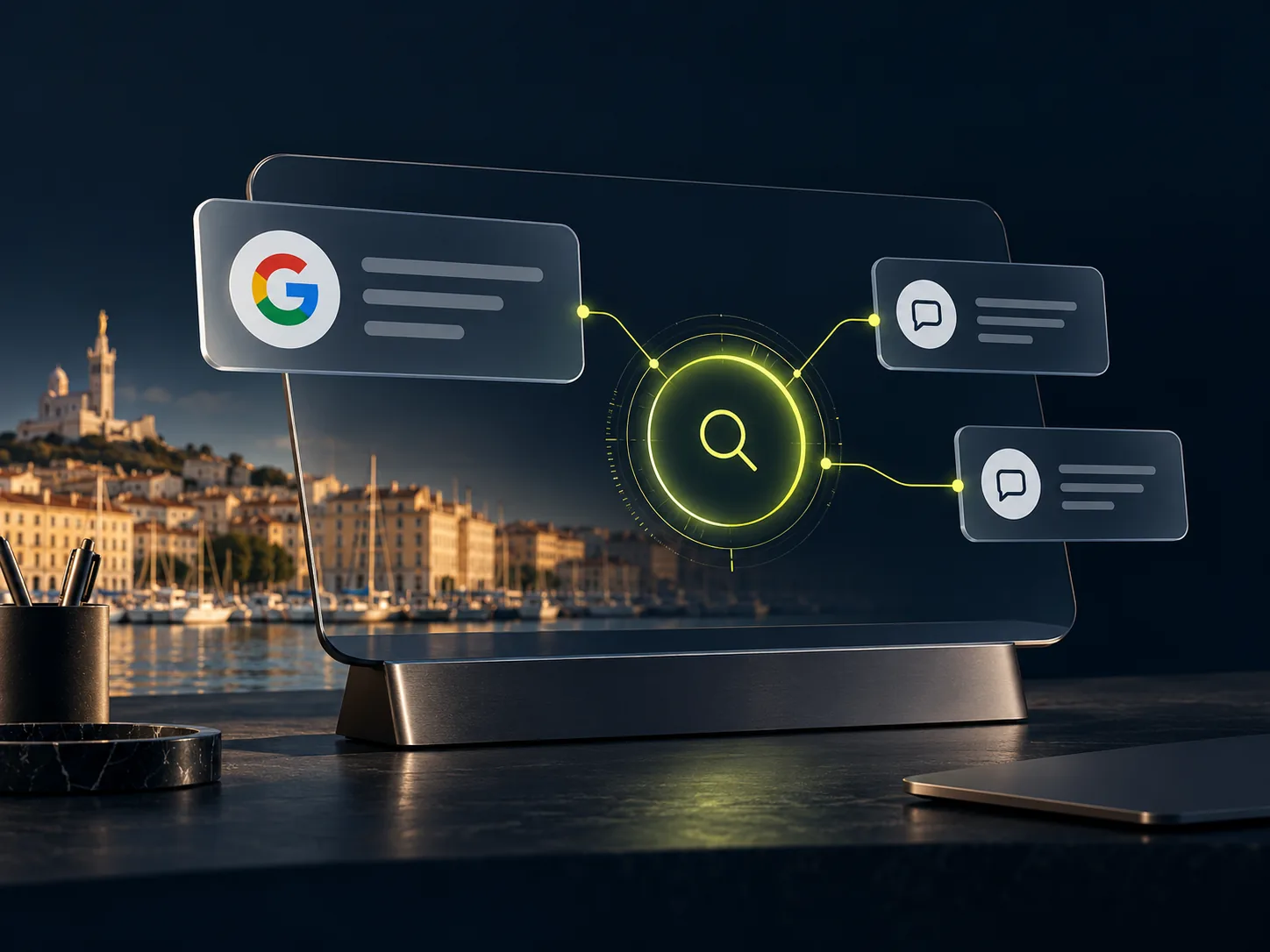 Veille des mentions Google : écran affichant une carte d’avis Google et deux bulles de message reliées à une loupe, devant le Vieux-Port de Marseille de nuit