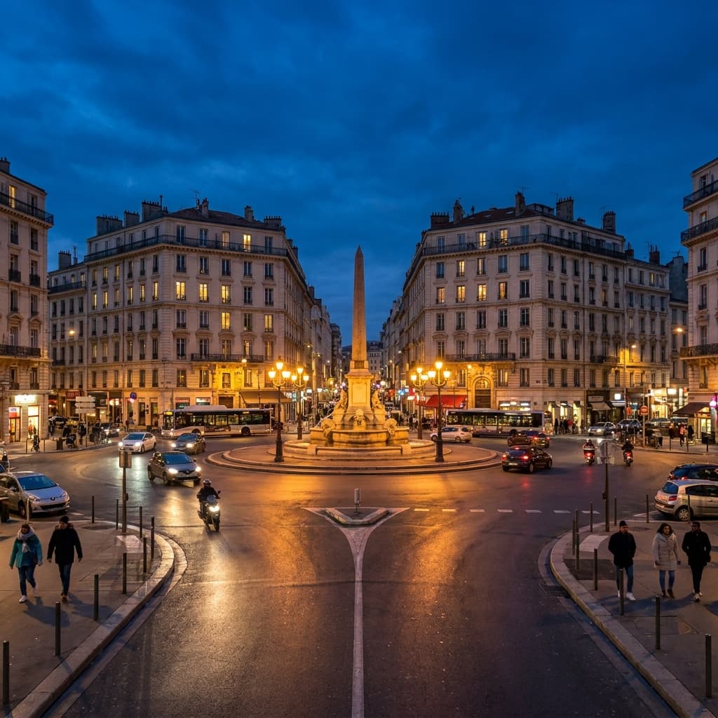 Le quartier de Castellane à Marseille au crépuscule, immeubles haussmanniens autour de la fontaine centrale