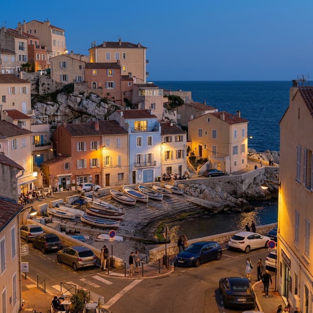 Le quartier d’Endoume à Marseille au crépuscule, maisons pastel sur la colline au-dessus d’une calanque