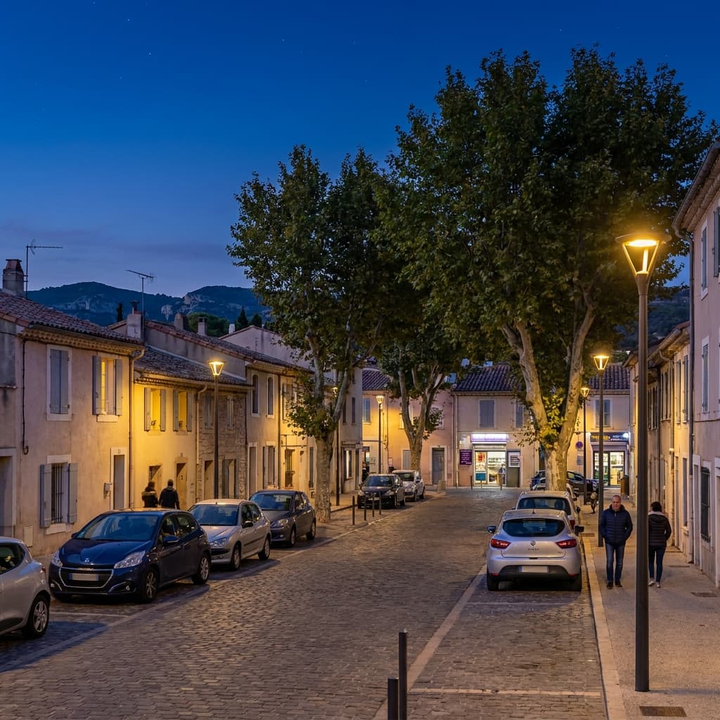 Le quartier de Mazargues à Marseille au crépuscule, maisons provençales basses et platanes