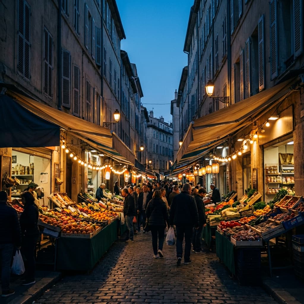 Le marché de rue du quartier de Noailles à Marseille au crépuscule, étals sous les auvents