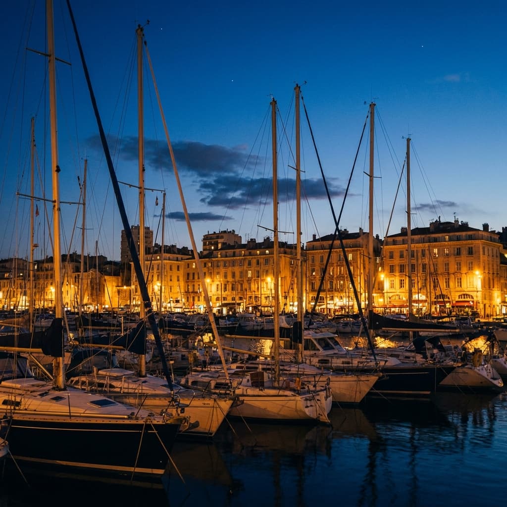 Le Vieux-Port de Marseille au crépuscule, voiliers amarrés devant les immeubles du quai